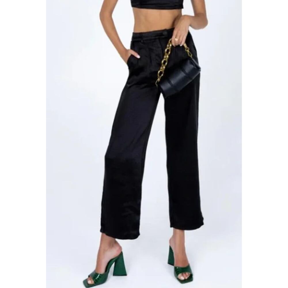 Princess Polly Size 8 Wide‎ Leg Black Satin Huxley Trousers Professional Office